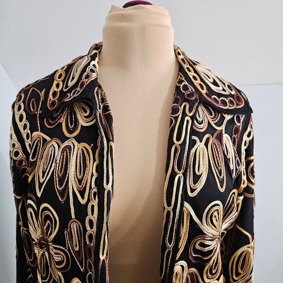 Anu by Natural Blazer Womens Medium Floral Embroidered Open Shacket Black Cream - Picture 6 of 14